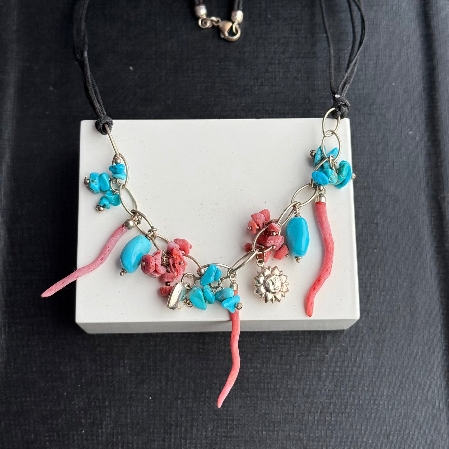 Antique Sterling Silver Coral Turquoise Necklace.