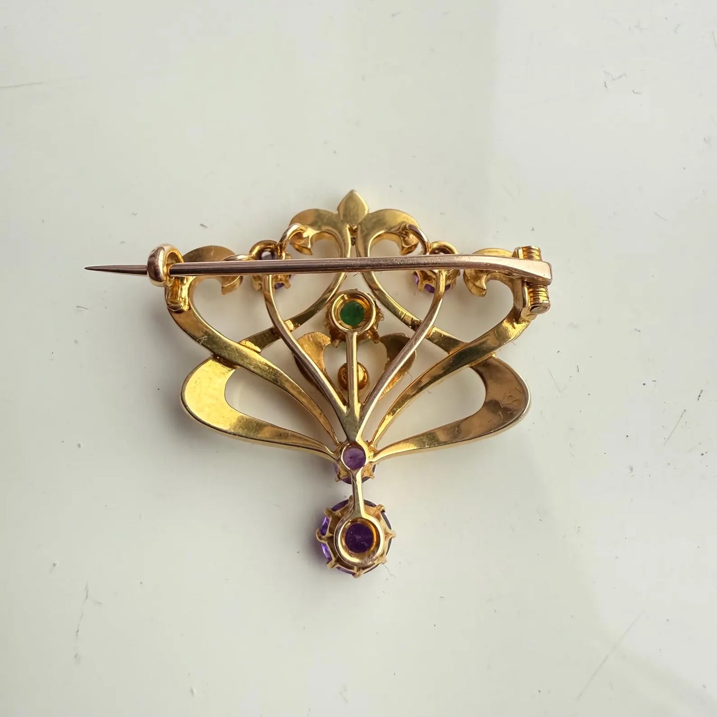 Antique 15ct Gold Suffragette Pearl, Amethsyt and Emerald Brooch