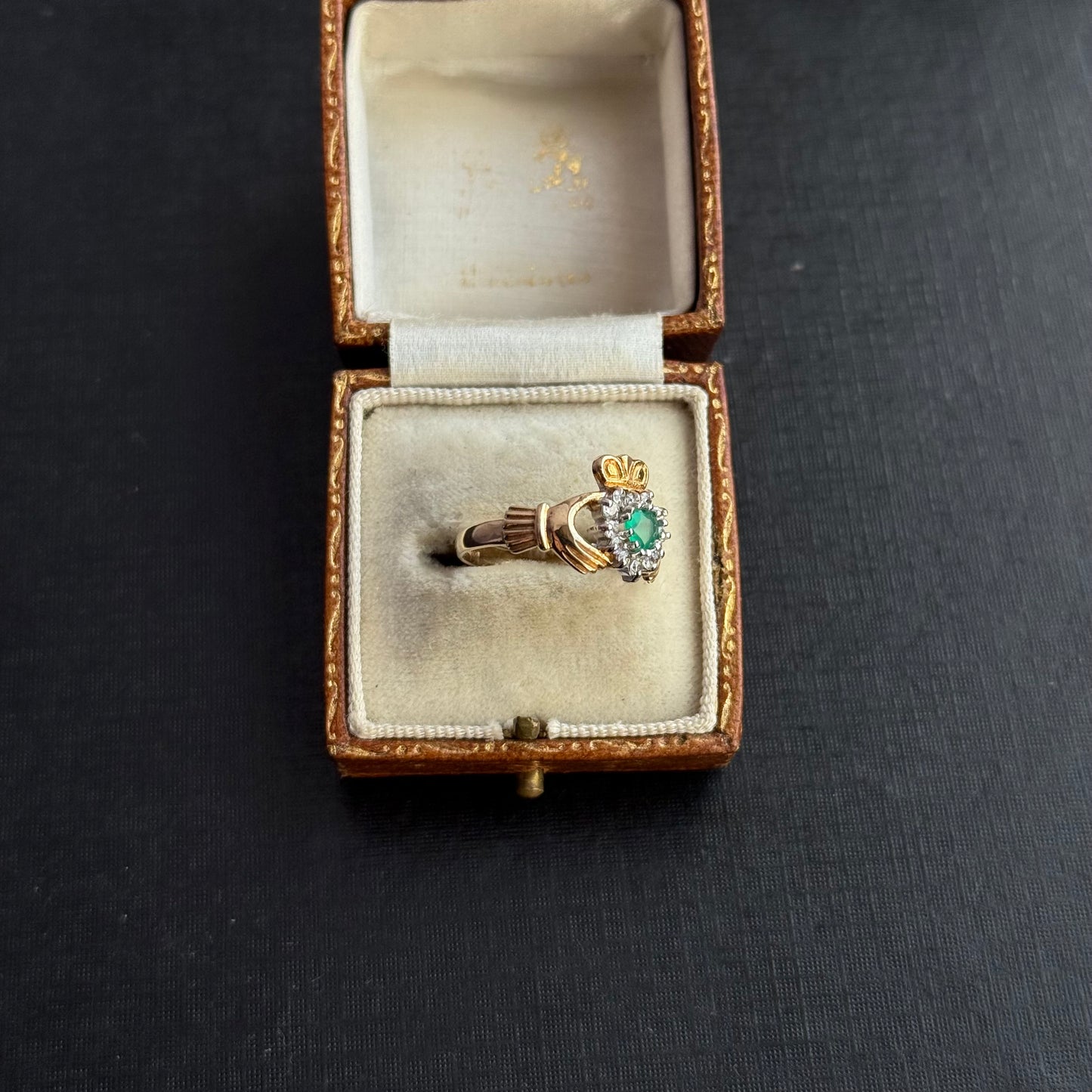 9ct Gold Green Gem and Cz Claddagh Ring
