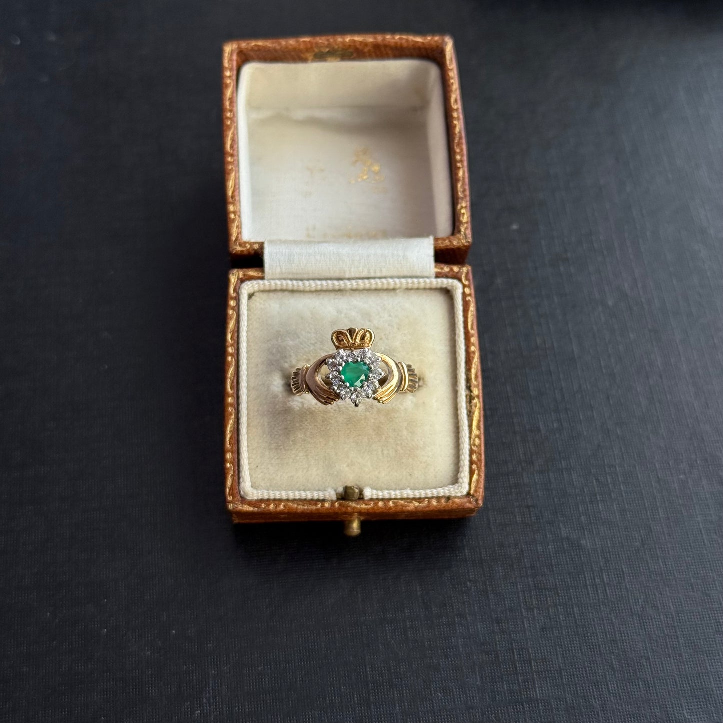 9ct Gold Green Gem and Cz Claddagh Ring