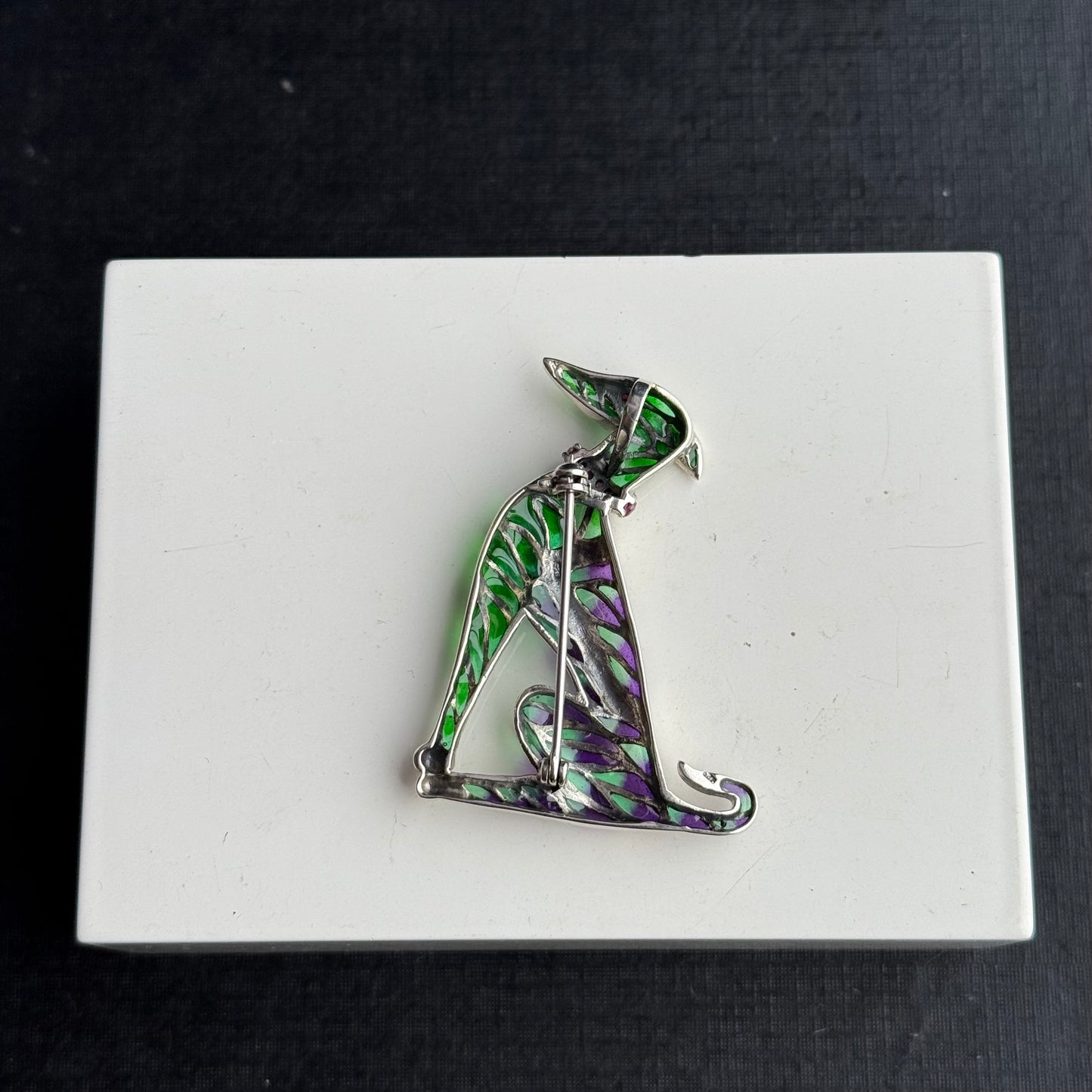 Sterling Silver Ruby Plique a Jour Hound Dog Brooch