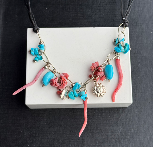 Antique Sterling Silver Coral Turquoise Necklace.