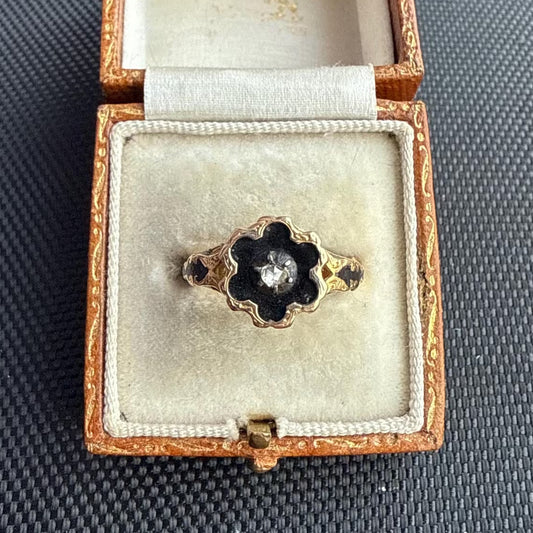 Victorian 18ct Gold Enamel and Rose Cut Diamond Ring, Size 6 | L