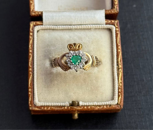 9ct Gold Green Gem and Cz Claddagh Ring