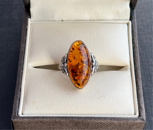 Sterling Silver Oval Amber Ring.