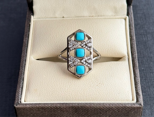 Art Deco Inspired Sterling Silver Turquoise Clear Stone Ring