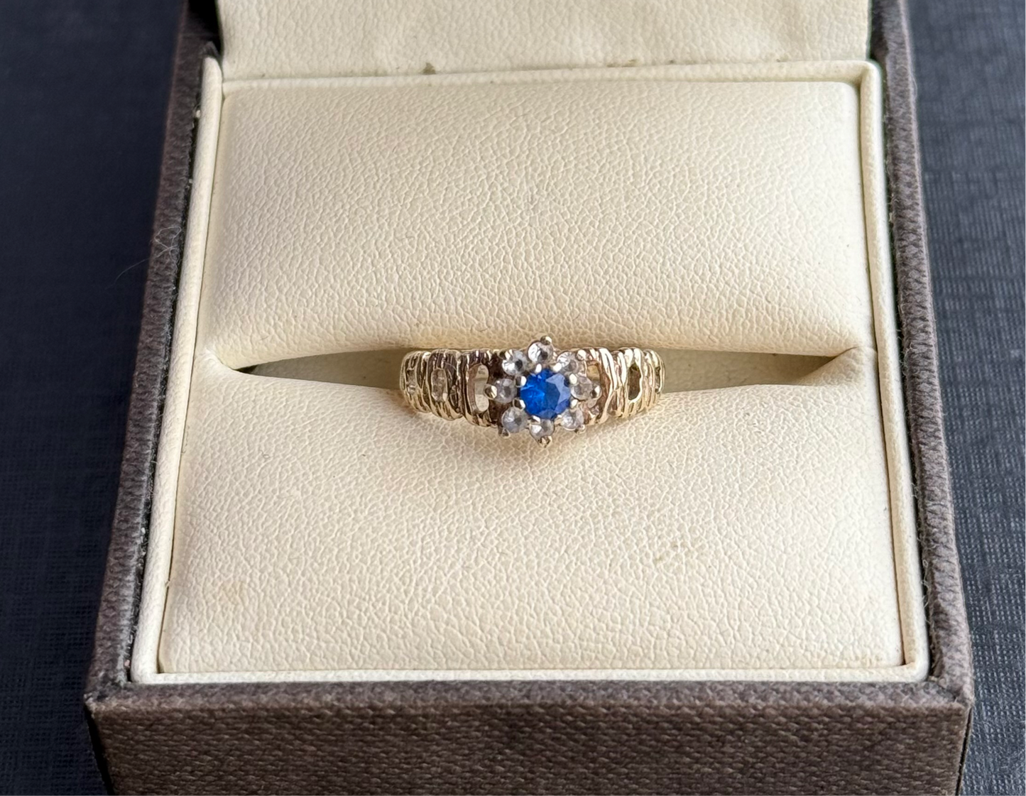 Sterling Silver Gilt Blue & Clear Gem Cluster Ring.