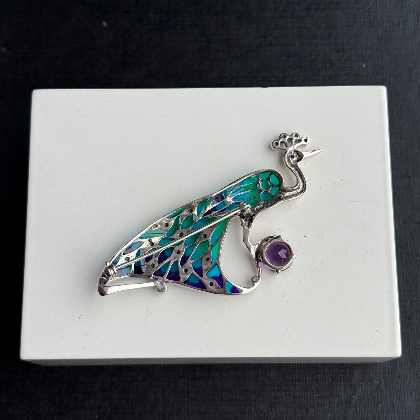 Sterling Silver Ruby & Amethyst Plique a Jour Peacock Brooch