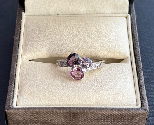 Sterling Silver Amethyst, Garnet, Topaz and Diamond Ring