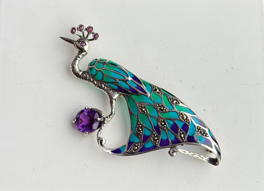 Sterling Silver Ruby & Amethyst Plique a Jour Peacock Brooch