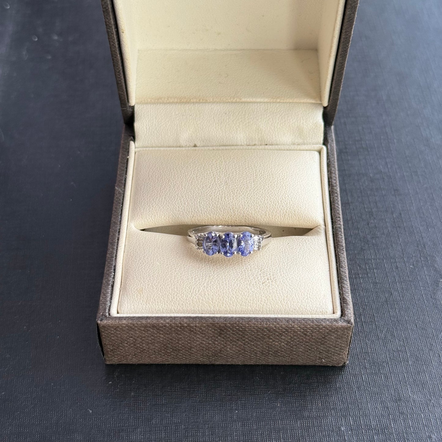 Sterling Silver Tanzanite and Diamond Three Stone Ring.