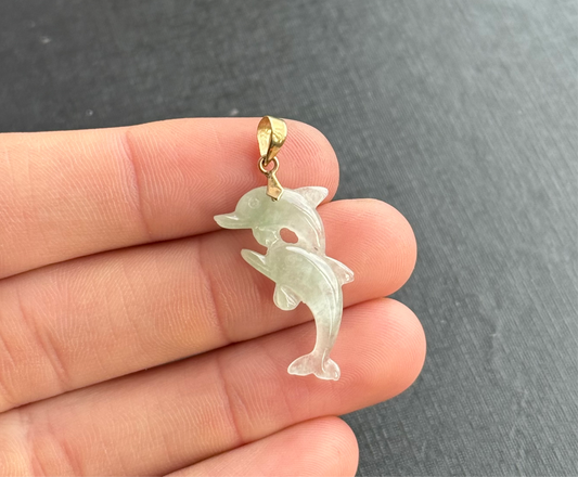 14k Gold and Jade Dolphins Pendant