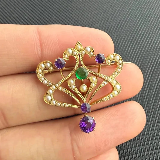 Antique 15ct Gold Suffragette Pearl, Amethsyt and Emerald Brooch
