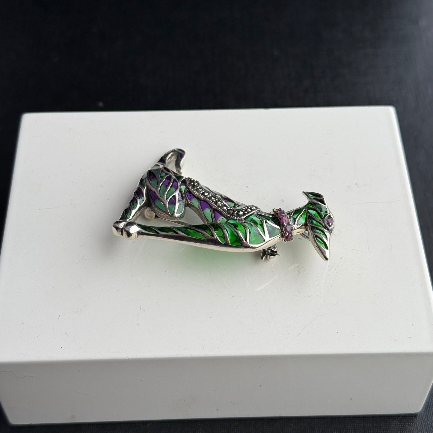 Sterling Silver Ruby Plique a Jour Hound Dog Brooch