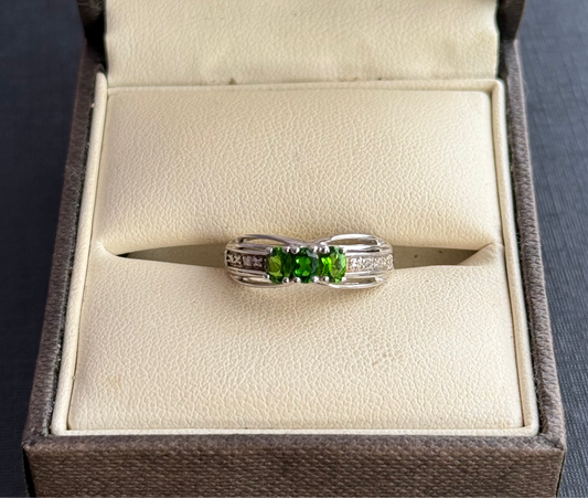 Sterling Silver Emerald and Diamond Three Stone Ring