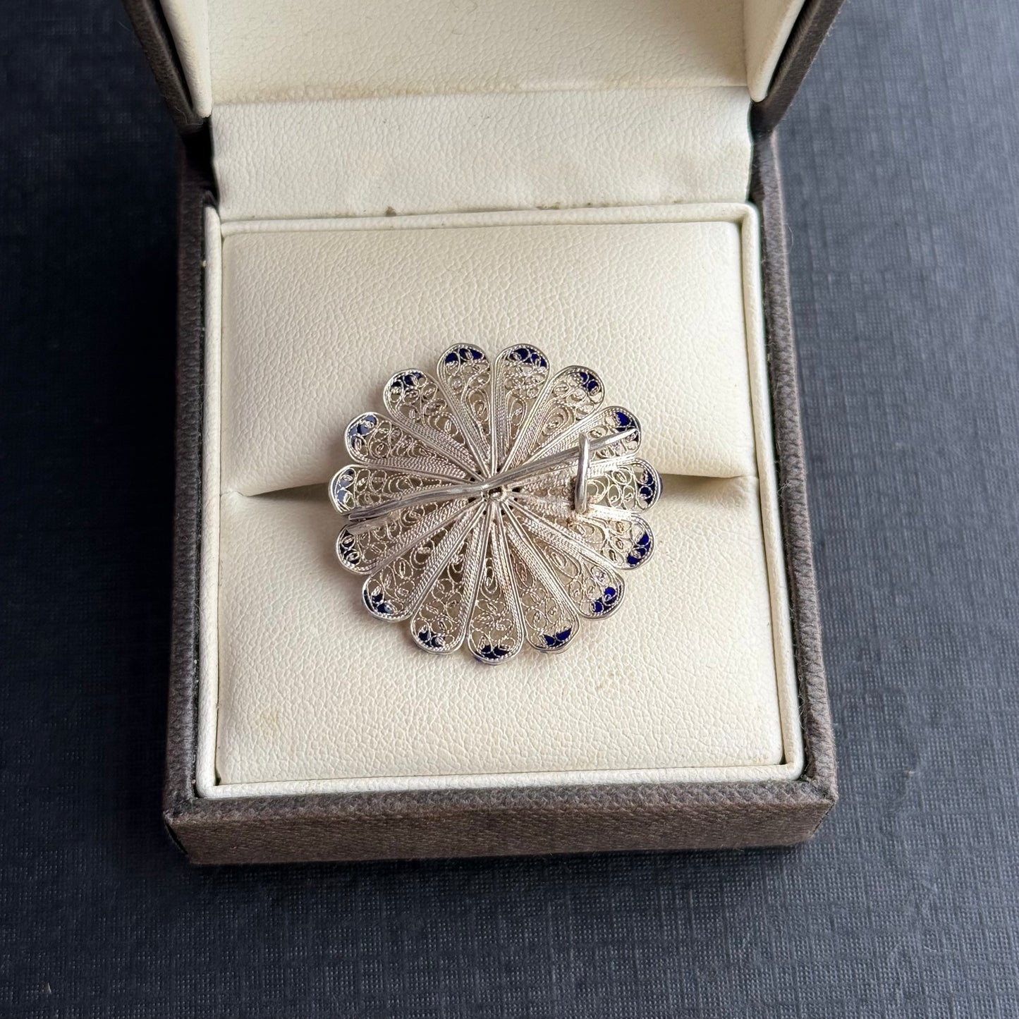 Antique Sterling Silver Enamel Filigree Flower Brooch