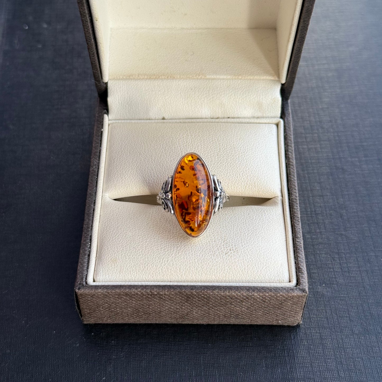 Sterling Silver Oval Amber Ring.