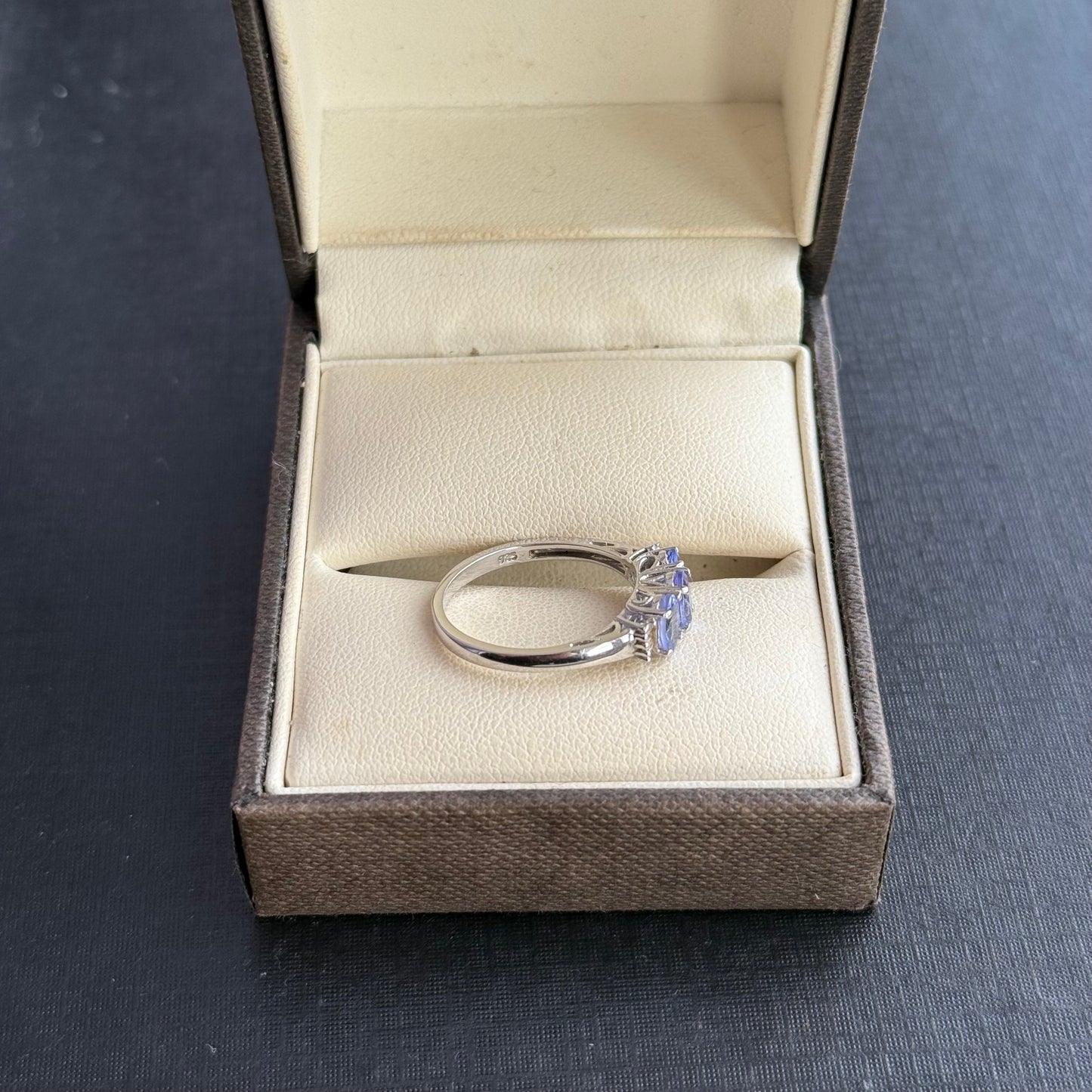 Sterling Silver Tanzanite and Diamond Three Stone Ring.