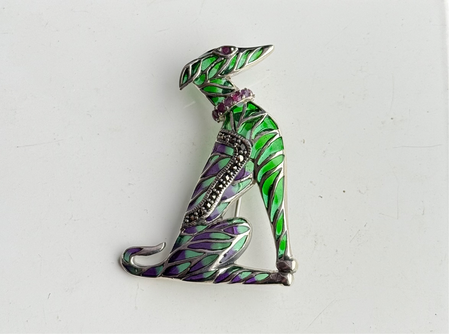 Sterling Silver Ruby Plique a Jour Hound Dog Brooch