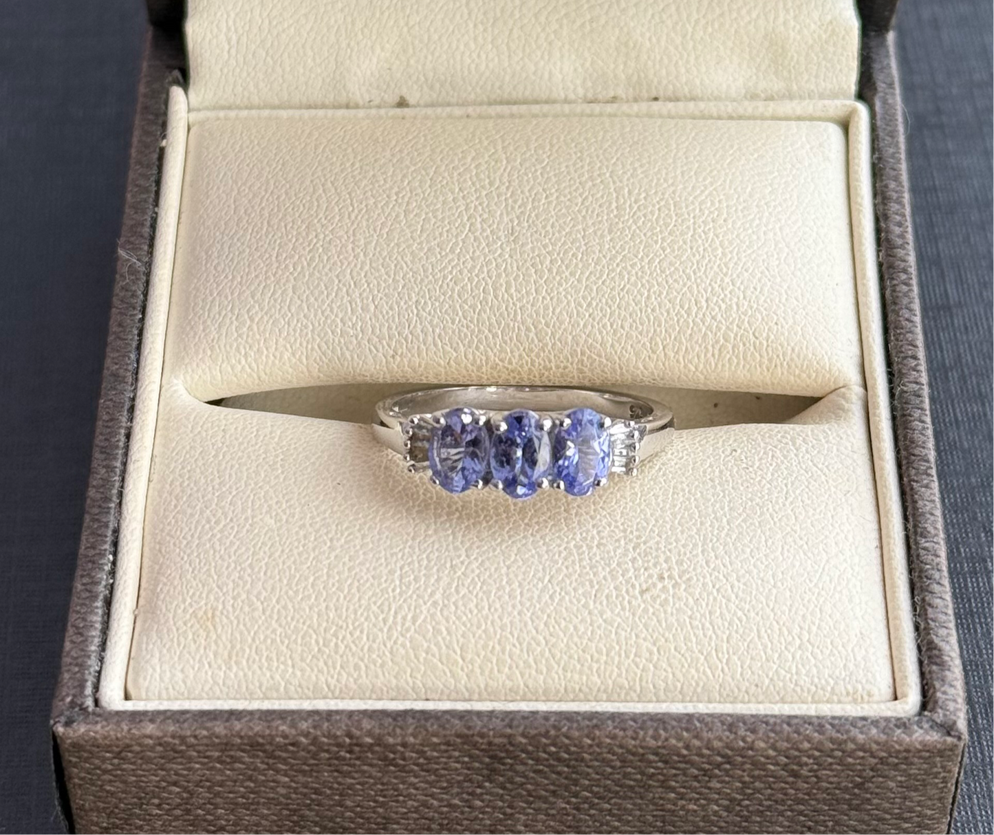 Sterling Silver Tanzanite and Diamond Three Stone Ring.