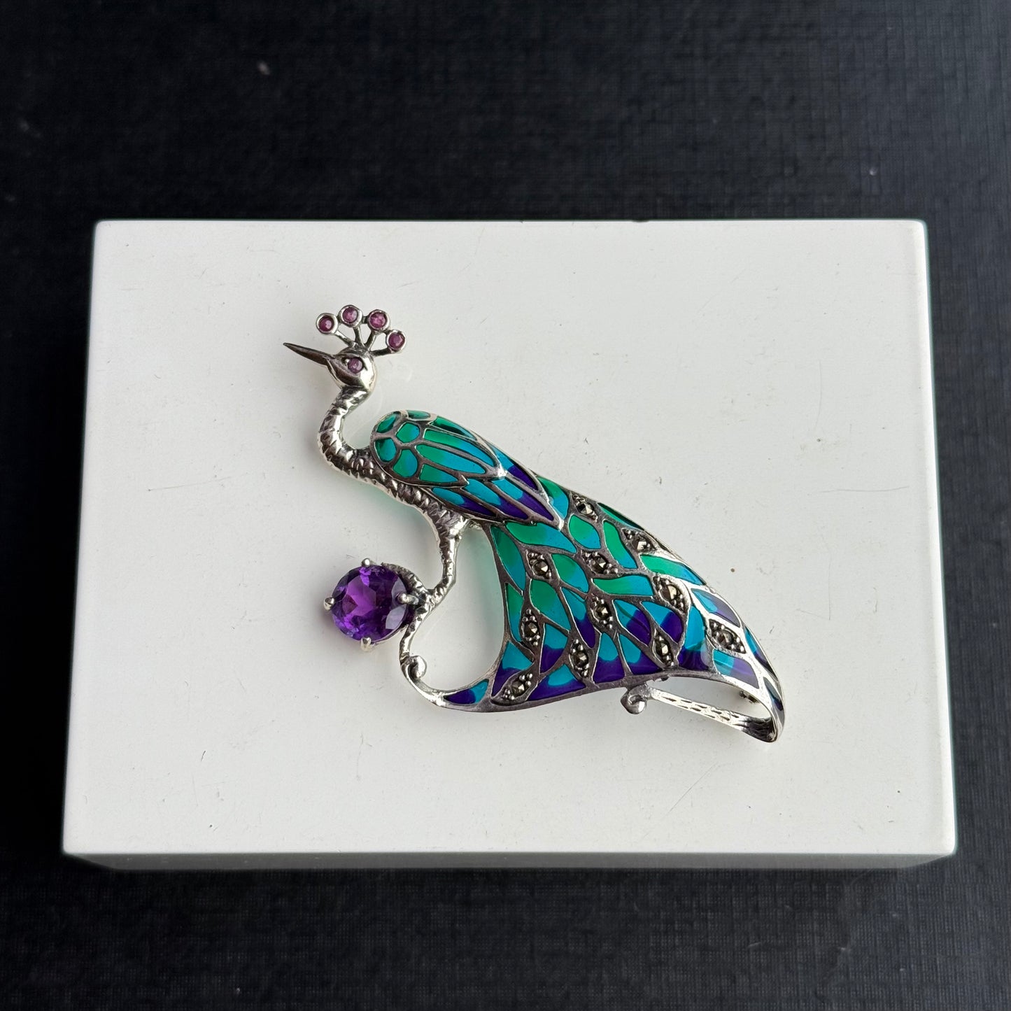 Sterling Silver Ruby & Amethyst Plique a Jour Peacock Brooch