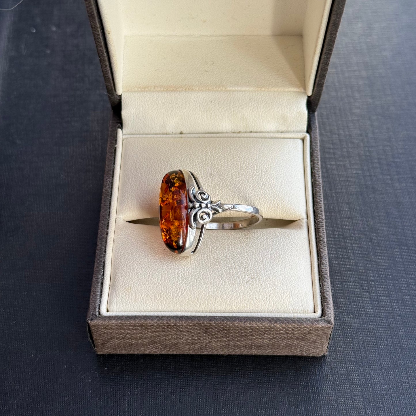 Sterling Silver Oval Amber Ring.