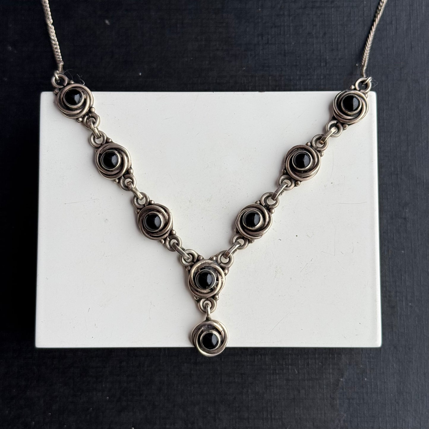 Sterling Silver Black Cabochon Gem Necklace