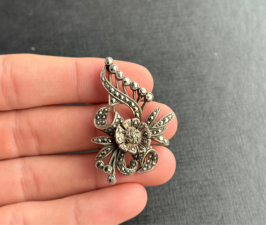 Sterling Silver Marcasite Flower Brooch