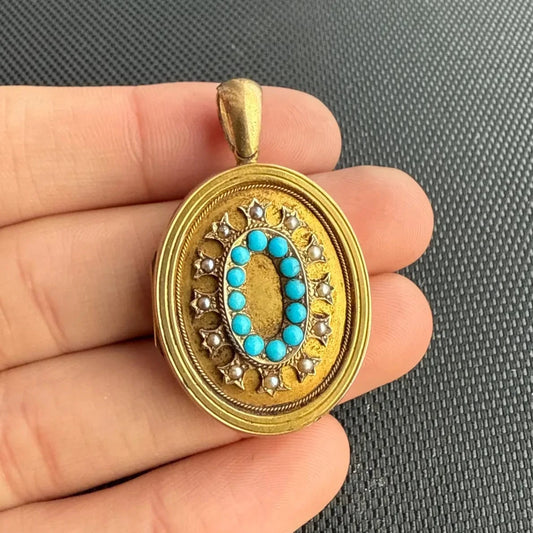 Antique Victorian 15ct Gold Turquoise and Pearl Locket, c1880