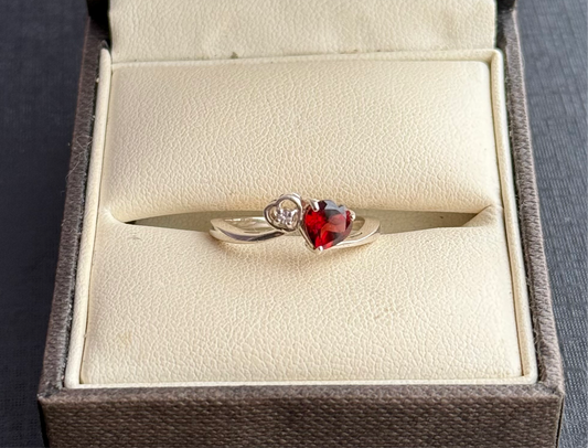 Sterling Silver Garnet Diamond Heart Ring.