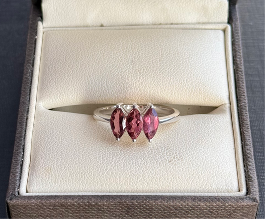 Sterling Silver Pink Topaz Three Stone Marquise Ring