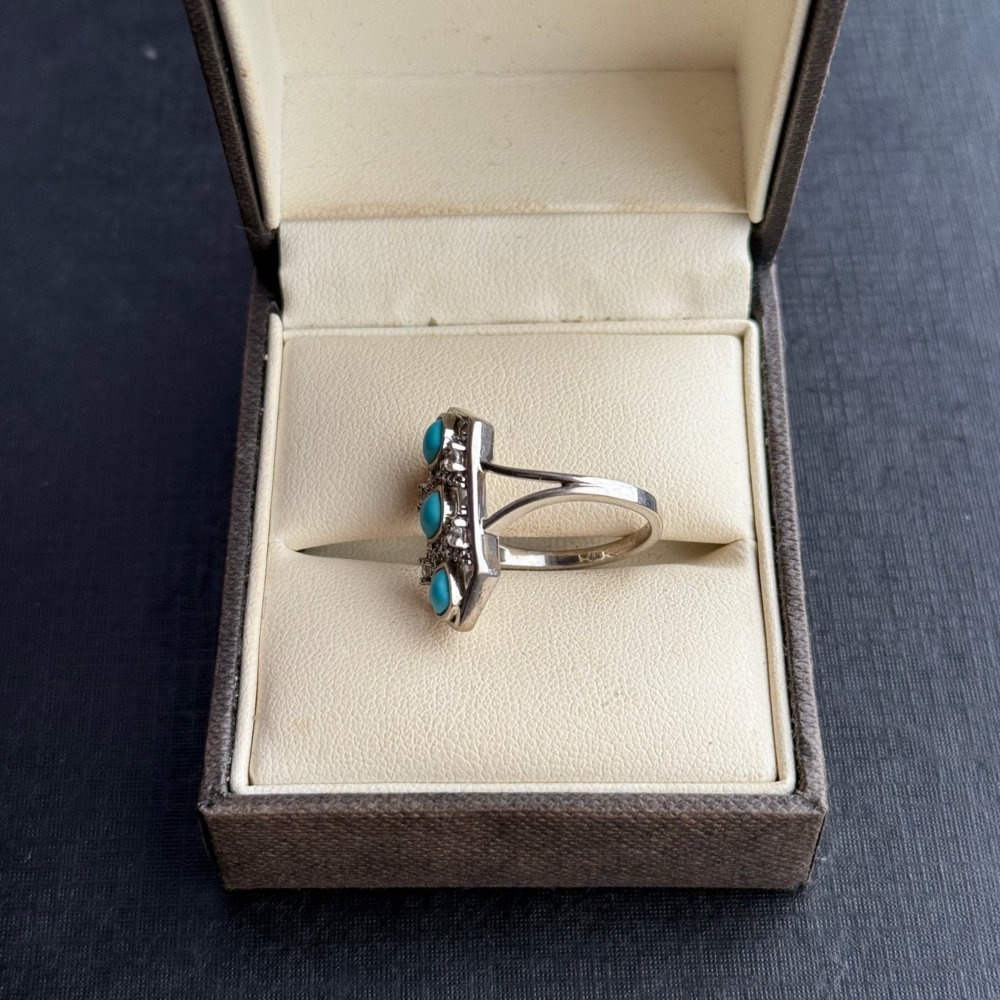 Art Deco Inspired Sterling Silver Turquoise Clear Stone Ring