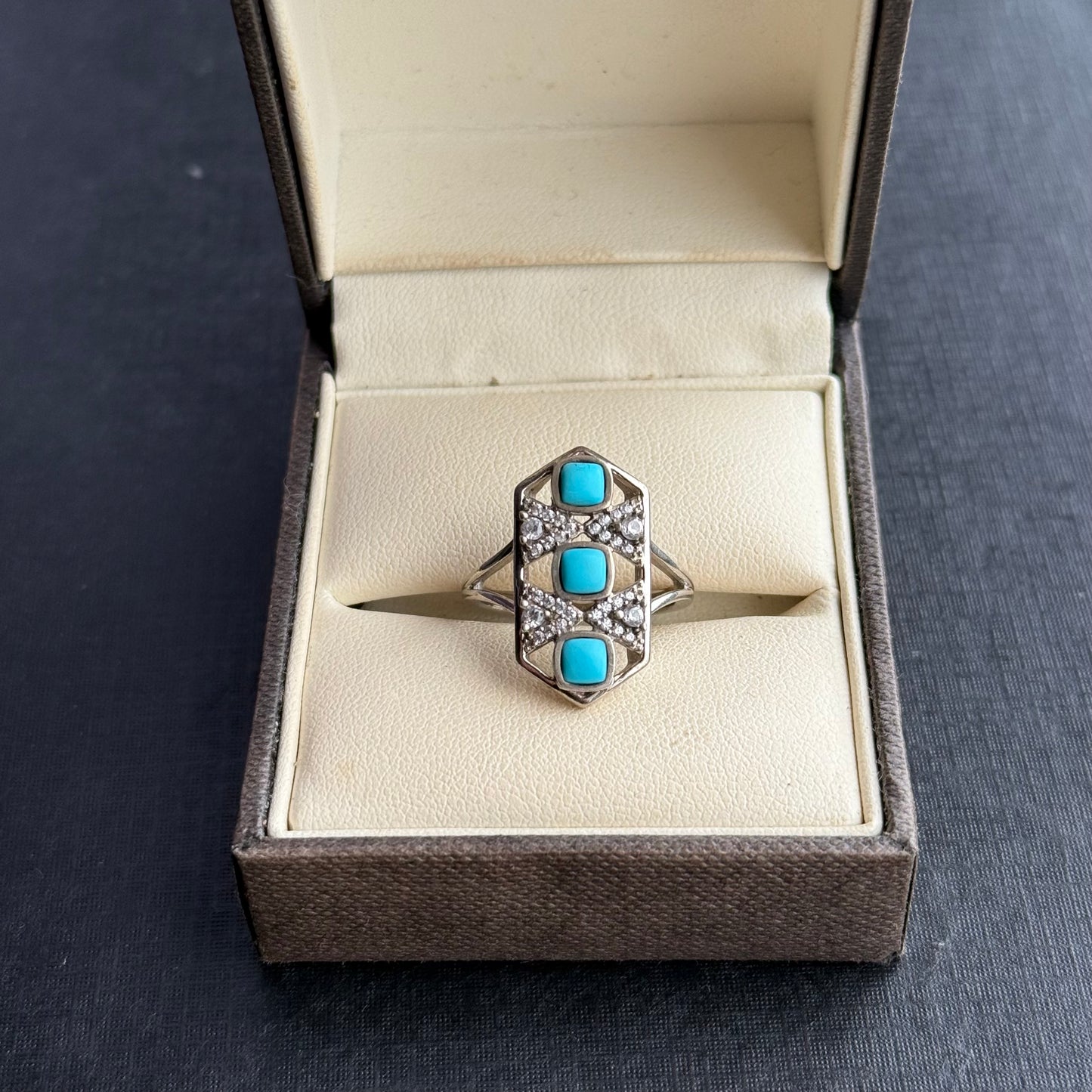 Art Deco Inspired Sterling Silver Turquoise Clear Stone Ring