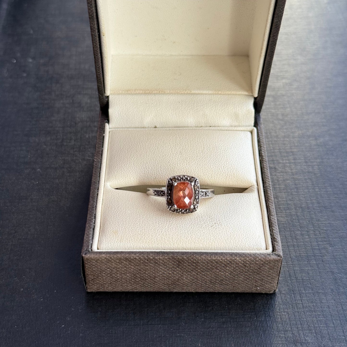 Sterling Silver Orange Gem and Diamond Cluster Ring