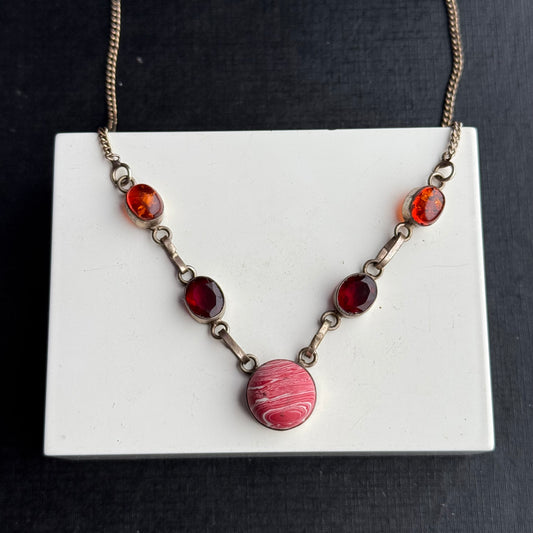 Sterling Silver Amber and Garnet Gem Necklace.