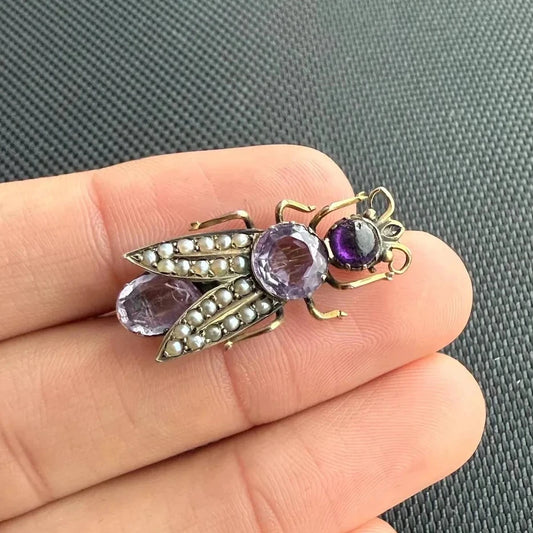 Antique 15ct Gold Amethyst and Pearl Insect Fly Brooch