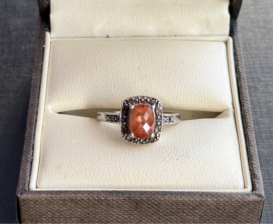 Sterling Silver Orange Gem and Diamond Cluster Ring